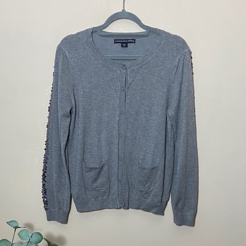 Grey Sequined Button Up Cardigan Sweater Micheal Simon Workshop Women's Medium